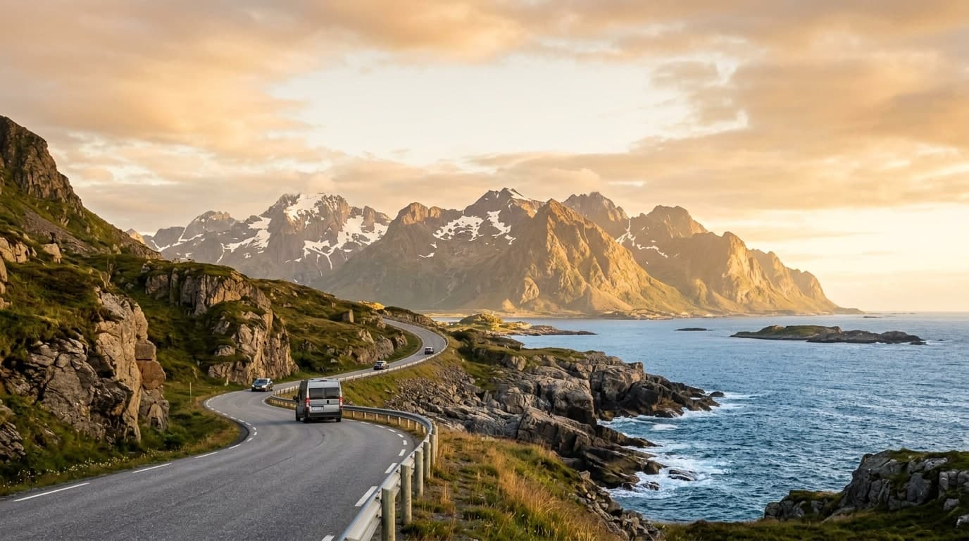 Scenic coastal road trip highway leading toward golden mountain peaks with Swastik Tours