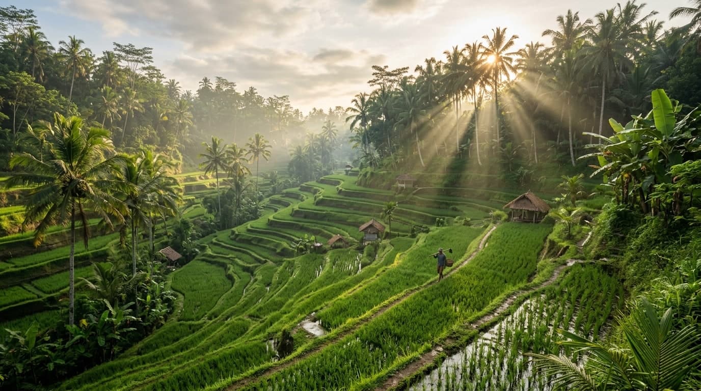Morning sunlight over Tegallalang stepped rice terraces in Ubud Bali
