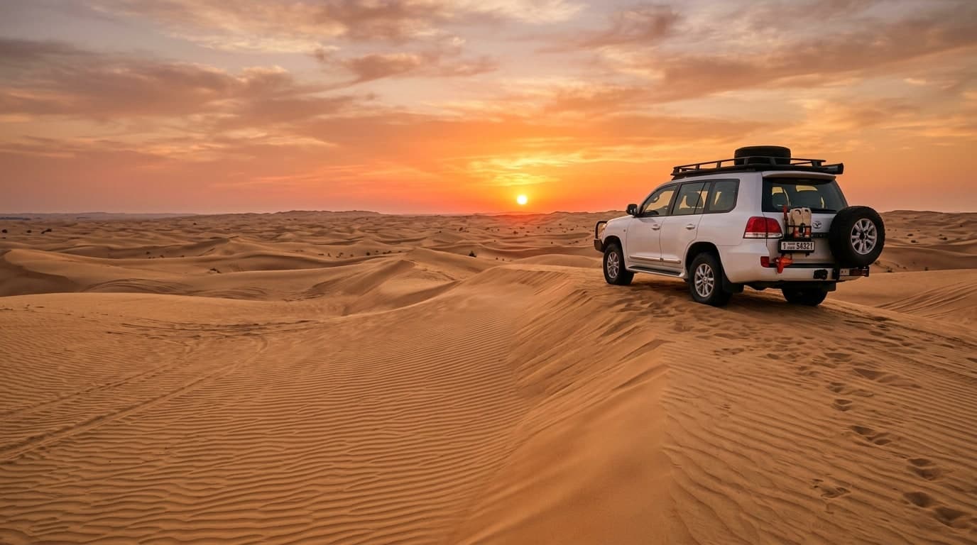 Golden desert safari dunes at sunset in Dubai UAE