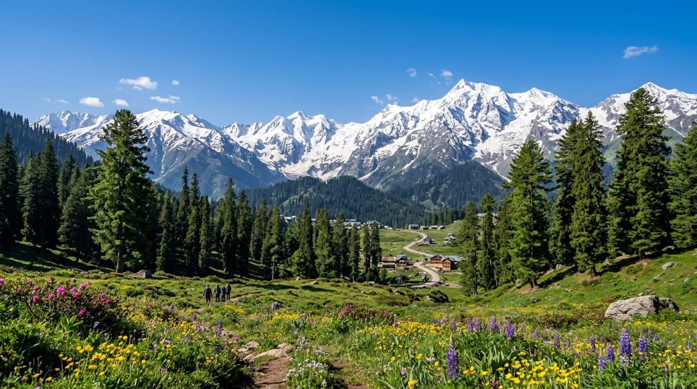 Snowcapped peaks and pine forest meadows in Gulmarg Kashmir