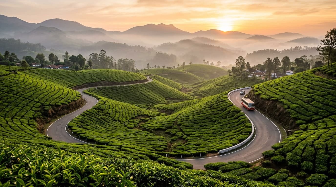 Scenic winding hill road through Munnar tea gardens in Kerala