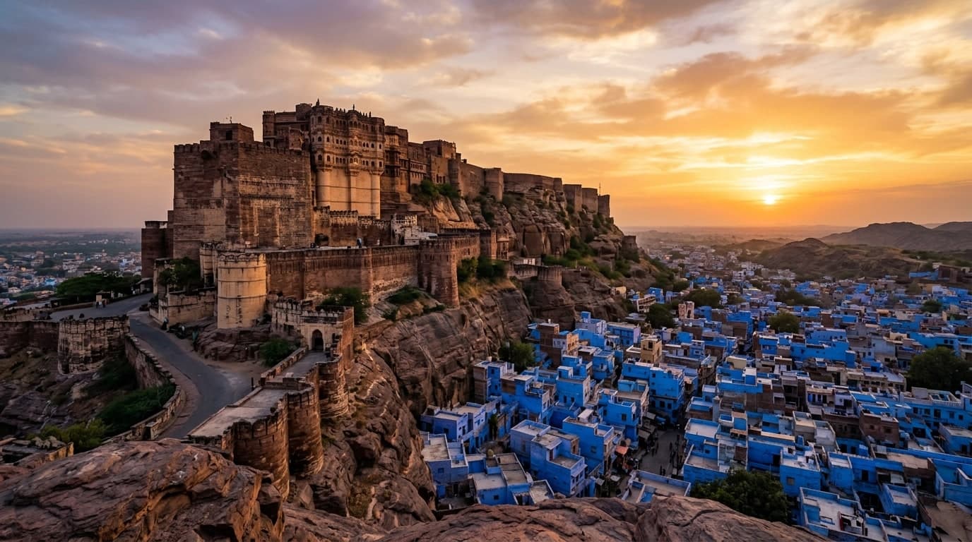 Sunset over Mehrangarh Fort and the blue city of Jodhpur Rajasthan