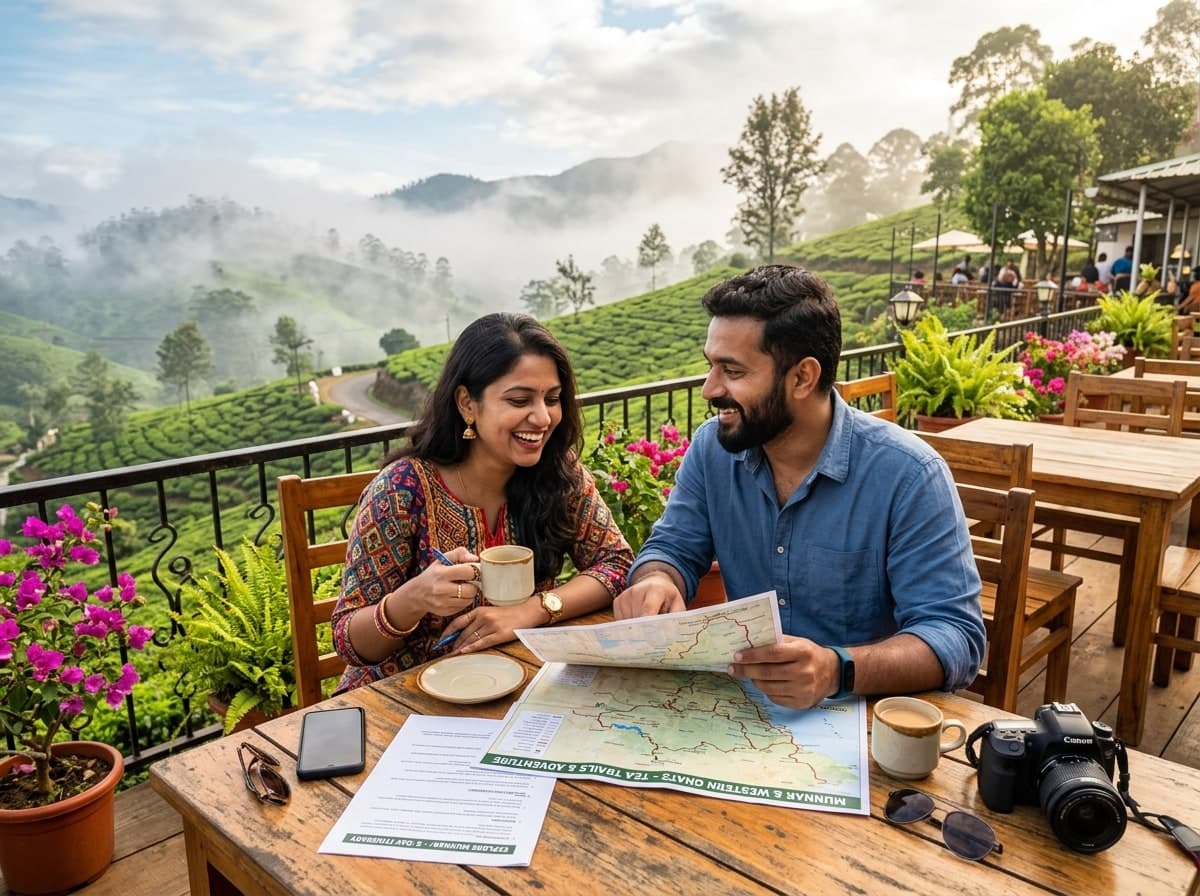 Couple planning their holiday itinerary at a scenic hillside resort overlooking tea plantations