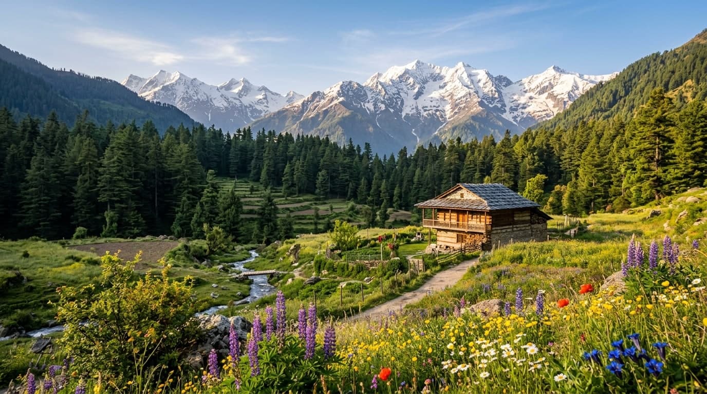 Scenic Himalayan mountain valley with traditional wooden cottage and alpine meadows in India by Swastik Tours