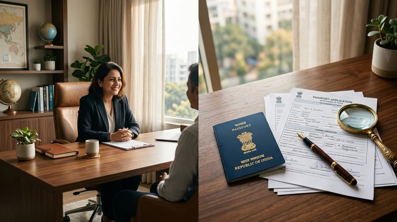 Indian passport consultation desk with application forms and documents by Swastik Tours