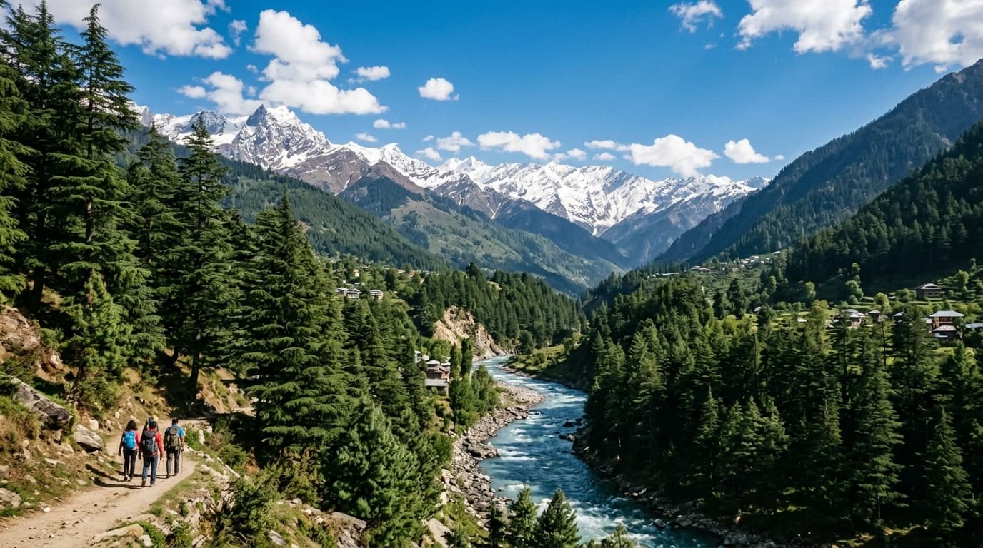Pine forests and snowcapped peaks in Manali Himachal Pradesh