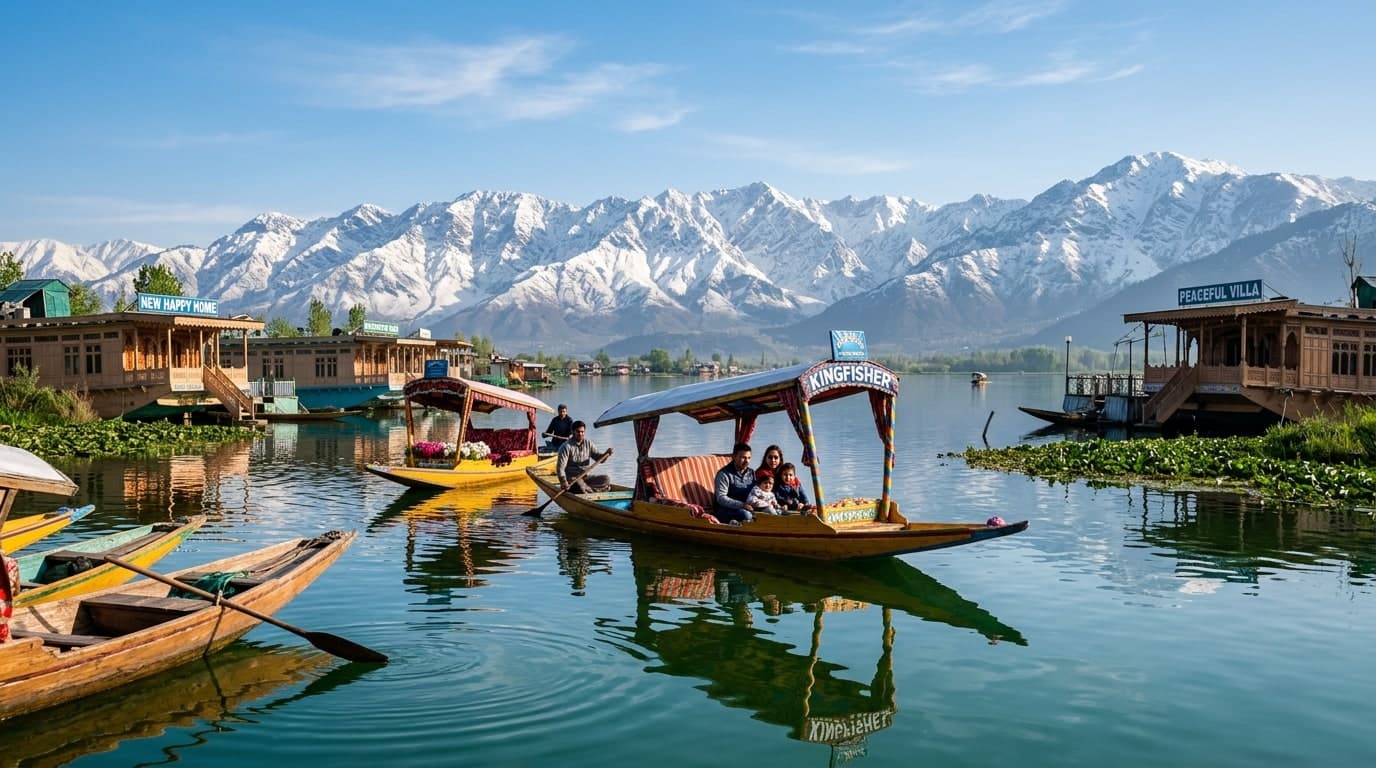 Traditional wooden shikaras on Dal Lake Kashmir with snowy Himalayan peaks