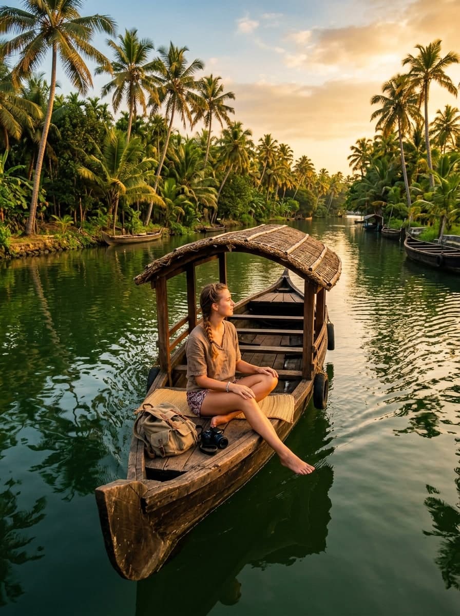 Traveller on a traditional wooden boat in Kerala backwaters
