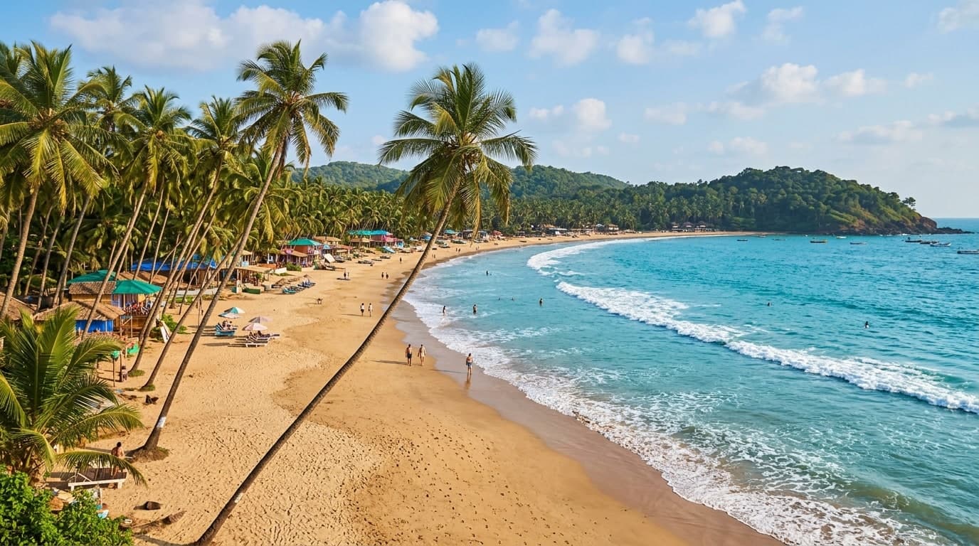 Tropical palm-fringed sandy beach in South Goa