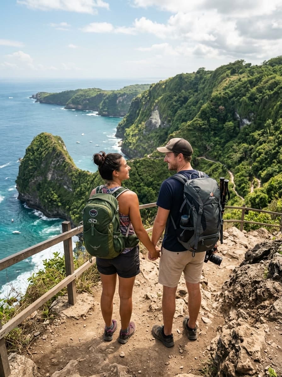 Two happy travellers on a scenic tropical cliff overlook