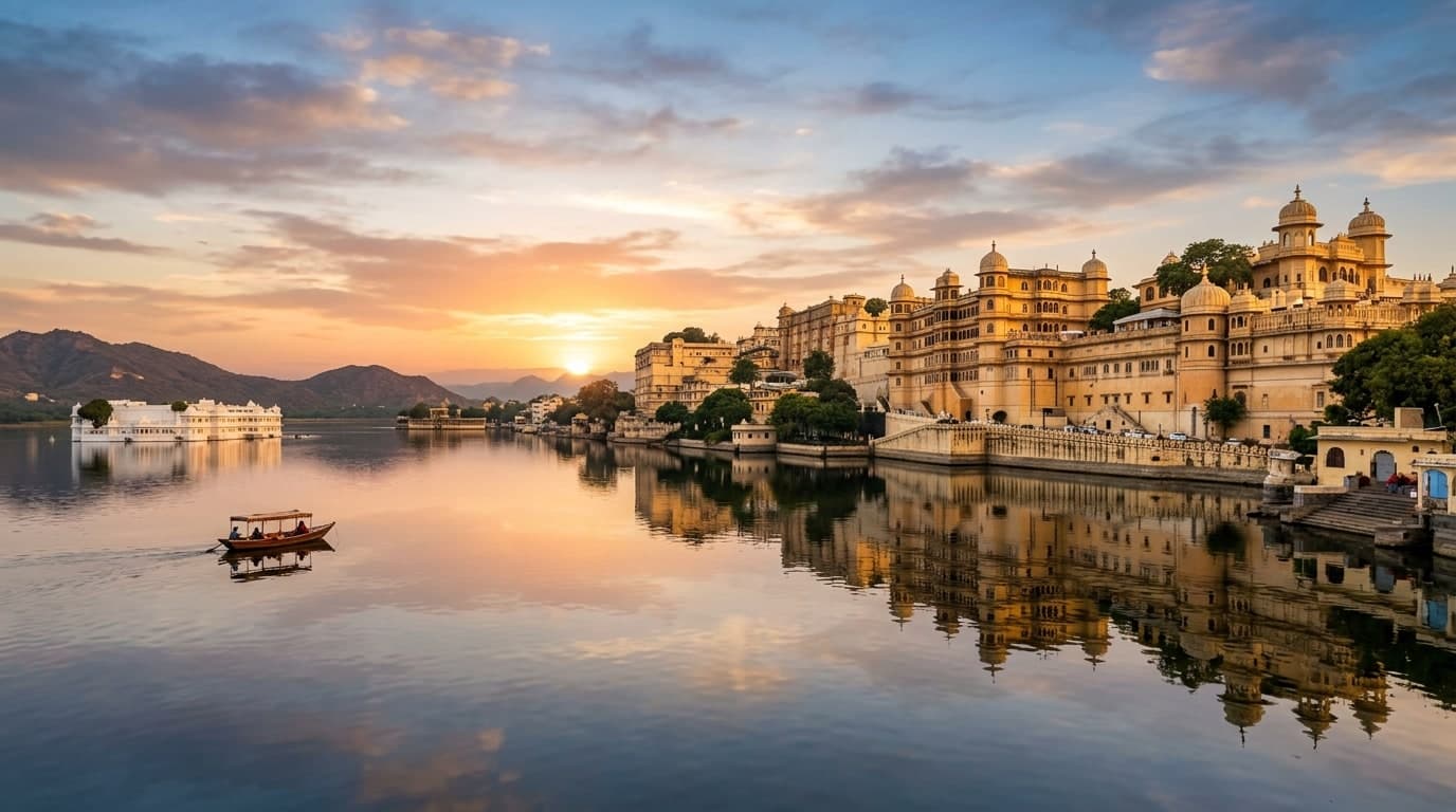 City Palace and Lake Pichola in Udaipur Rajasthan at sunrise