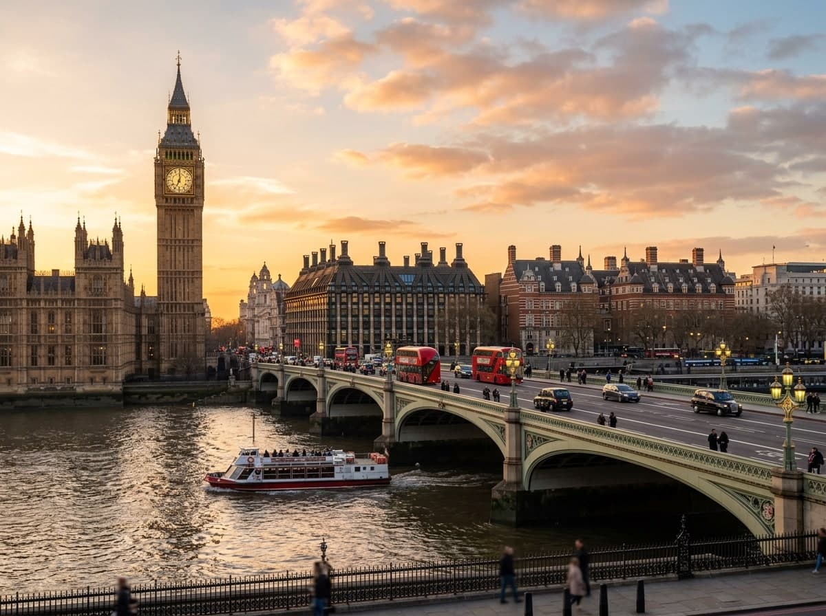 United Kingdom tourist visa assistance featuring London Big Ben and Westminster Bridge by Swastik Tours