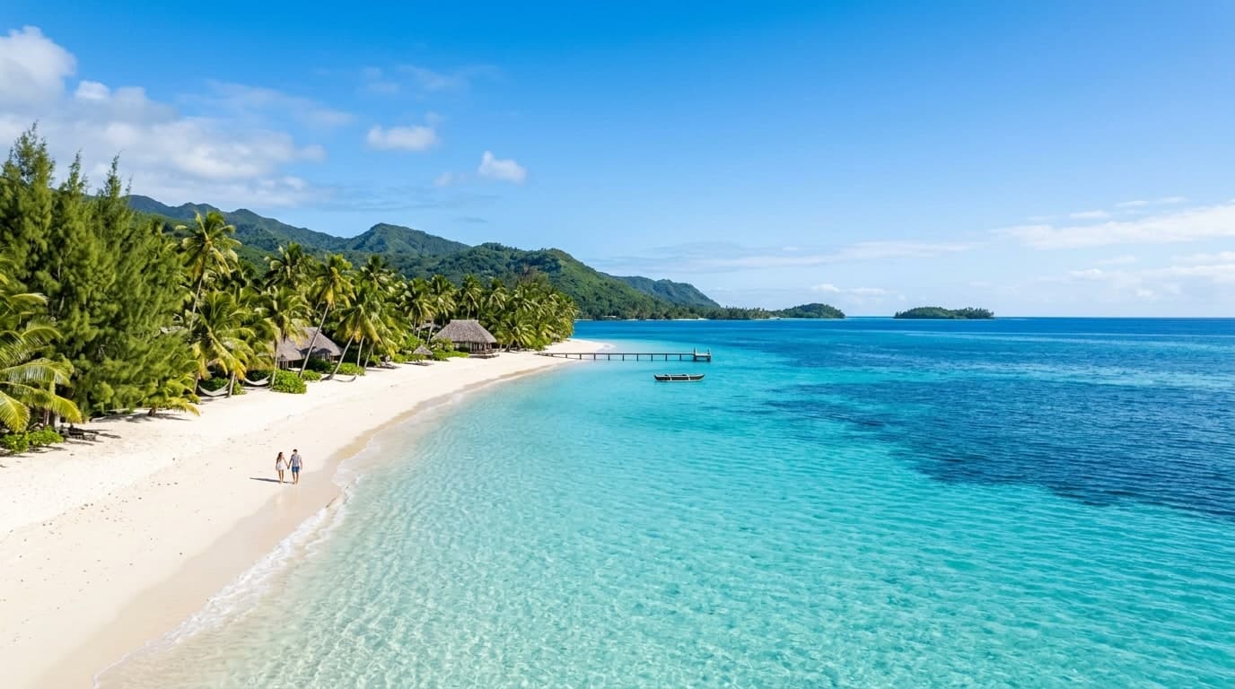 Tropical turquoise ocean and white sand beach with lush green trees
