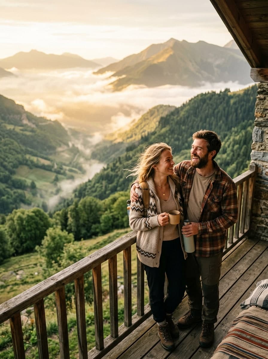 Happy travelers relaxing on a mountain lodge balcony overlooking scenic misty hills with Swastik Tours