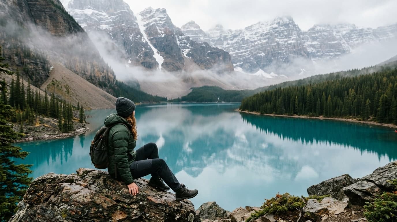 Serene mountain lake with traveler in beanie and jacket