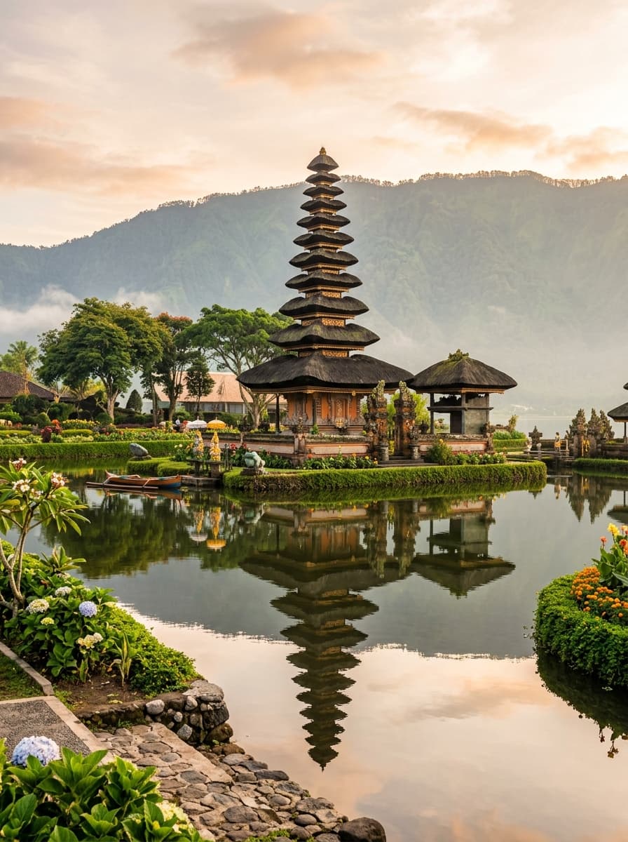 Ulun Danu Beratan water temple pagoda on calm reflective lake in Bali Indonesia