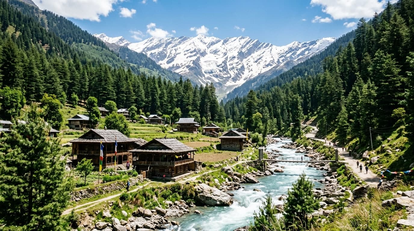 Pine forest river valley and wooden cottages in Manali Himachal Pradesh