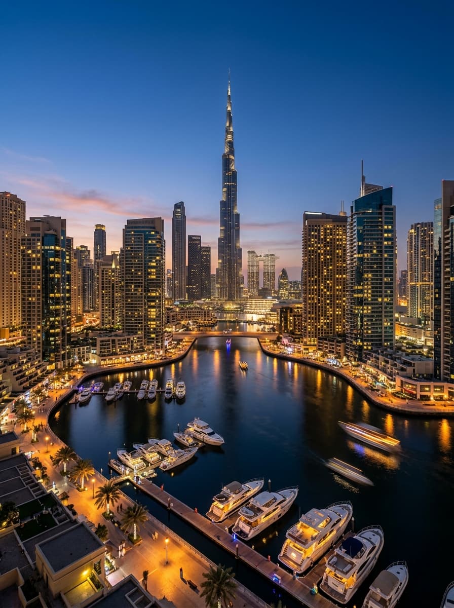 Dubai Marina and illuminated Burj Khalifa skyline at twilight with luxury yachts
