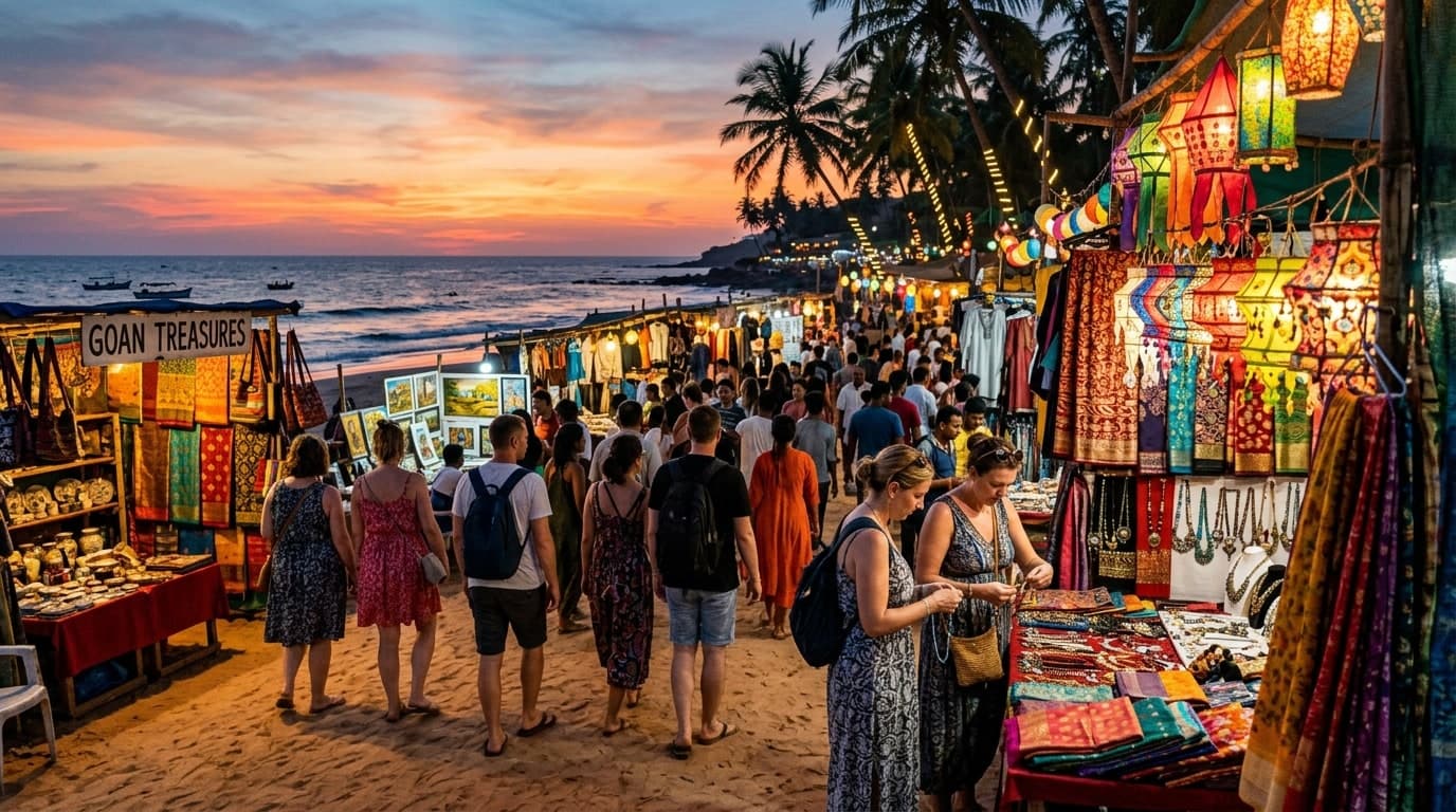 Vibrant sunset flea market at Anjuna Beach in North Goa