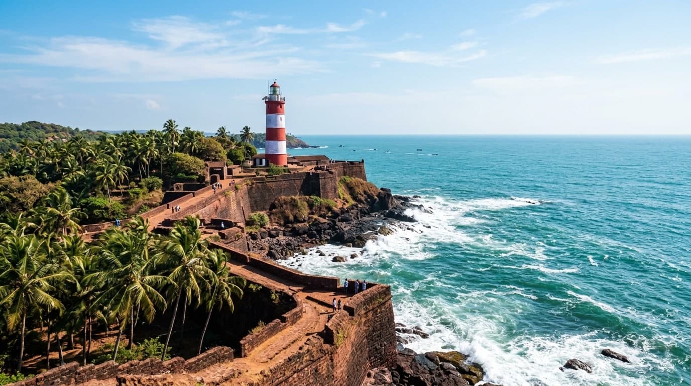 Historic Fort Aguada lighthouse in North Goa overlooking the Arabian Sea