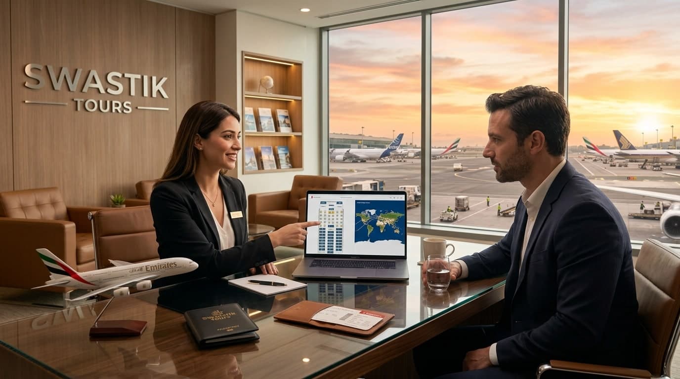 Flight consultation desk with airline seat map and boarding passes at Swastik Tours office overlooking airport runway