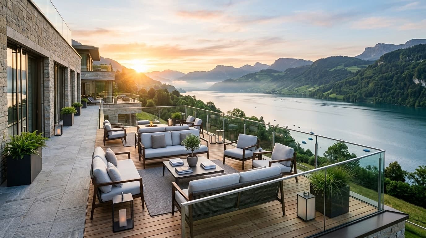 Modern luxury corporate retreat terrace overlooking a scenic mountain lake during sunrise by Swastik Tours