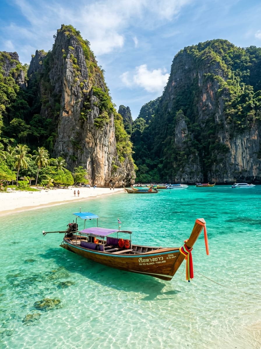 Traditional longtail boat and limestone cliffs in turquoise waters of Phi Phi Thailand