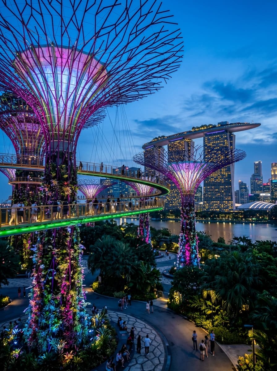 Illuminated Supertree Grove and Marina Bay Sands at dusk in Singapore