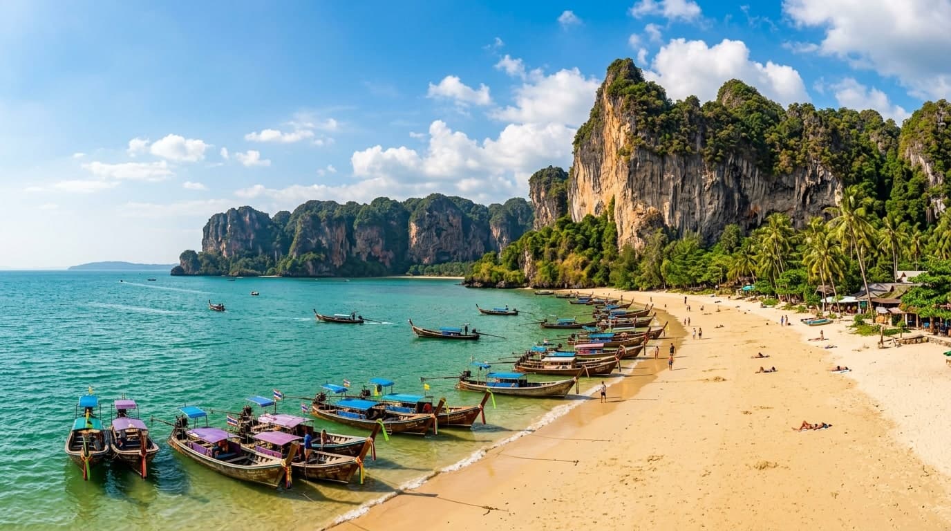 Railay Beach in Krabi Thailand with longtail boats and limestone cliffs