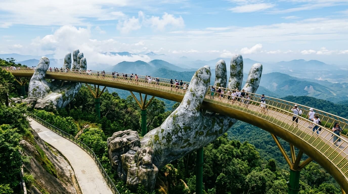 Golden Bridge held by giant stone hands in Ba Na Hills Da Nang Vietnam