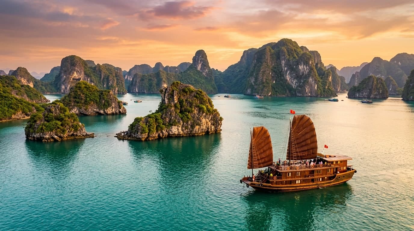 Overnight junk boat cruise sailing through Halong Bay limestone karsts in Vietnam