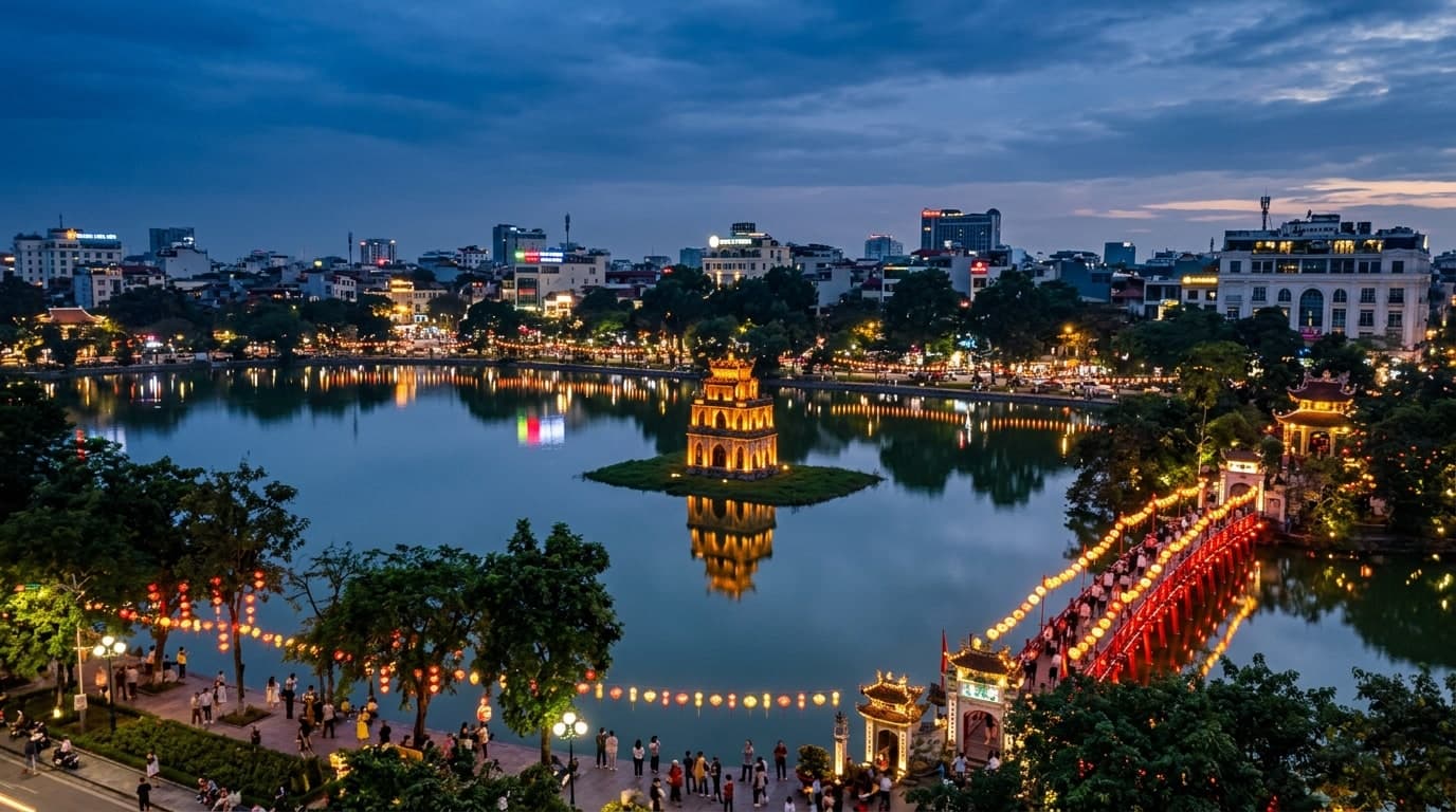Illuminated Turtle Tower on Hoan Kiem Lake in Hanoi Old Quarter Vietnam