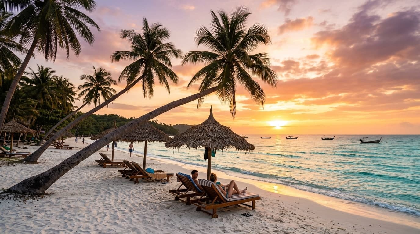 Tropical sunset on white sand beach in Phu Quoc Island Vietnam
