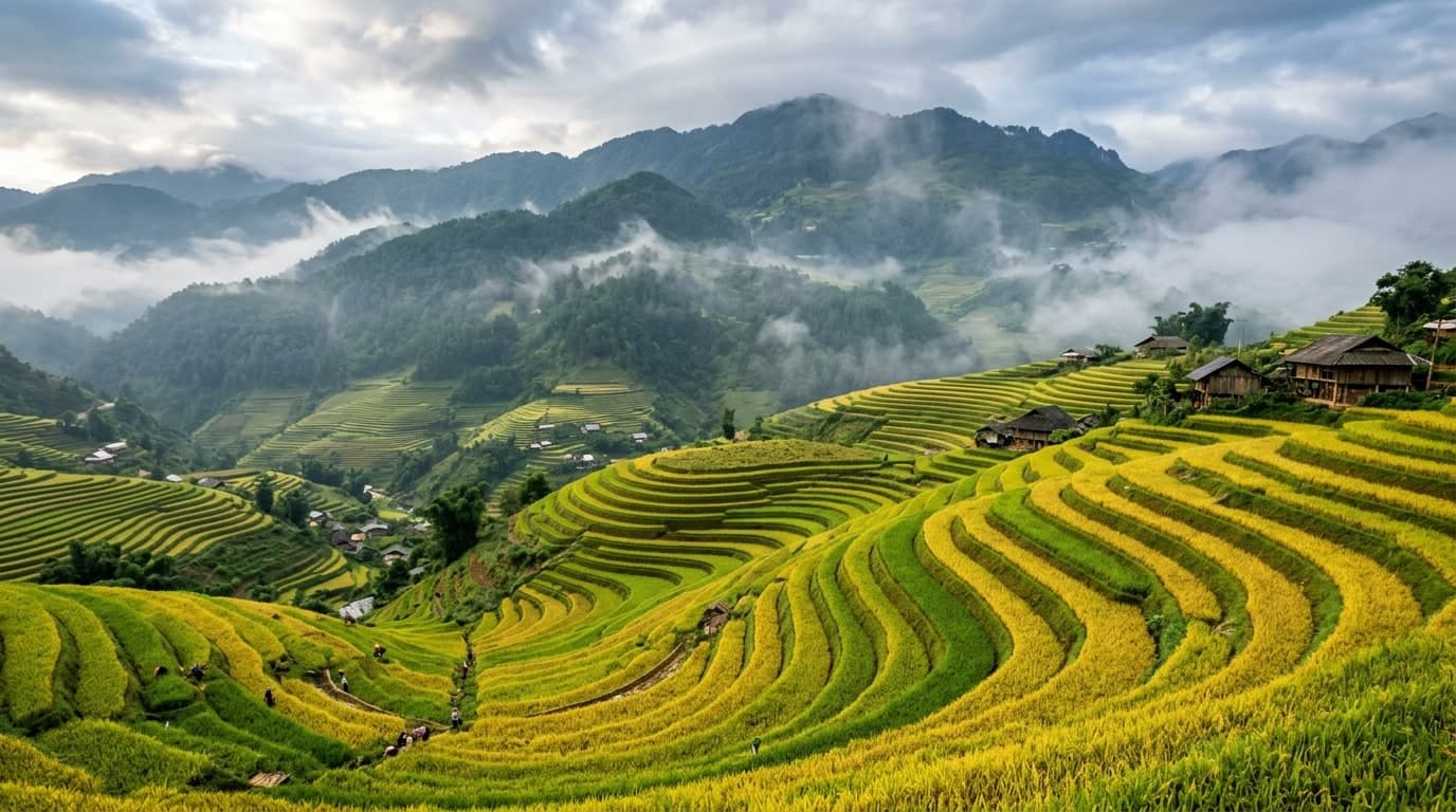 Cascading green terraced rice fields in Sapa mountain valley Vietnam